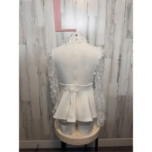 Womens Tops Floral Applique Ruffle Hem Frill Trim Top - Image 4