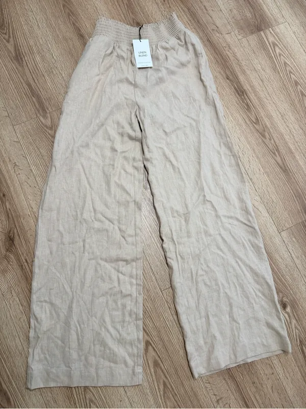 Love Tree Linen Blend Wide Leg Pants Beige Smocked‎ Waist Trousers Large NWT - Image 7