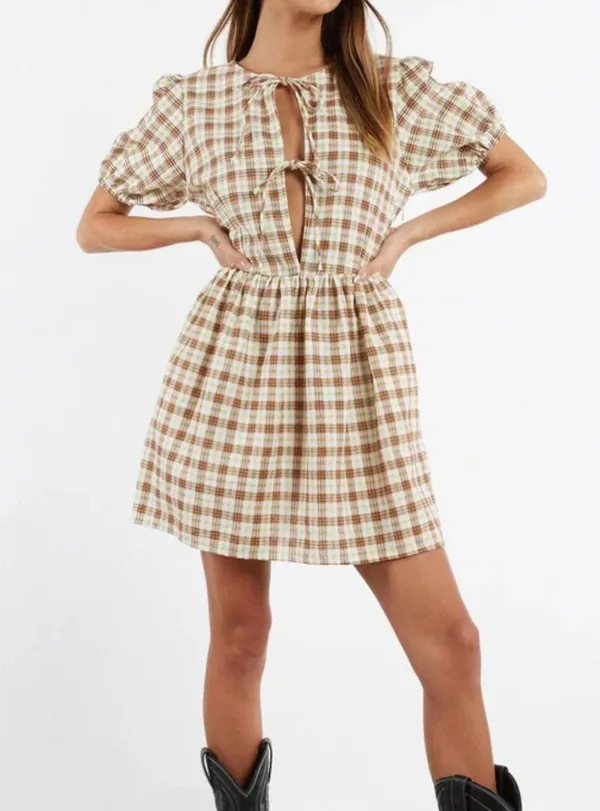 Motel Plaid Puff Sleeve Tie-Front Dress Size S Brown & Green Check Cottagecore - Image 2