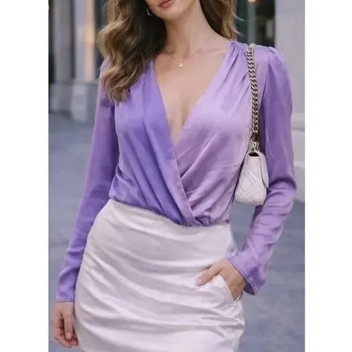New Strut & Bolt Two Tone Satin Faux Wrap Long Sleeve Bodysuit Purple Size Large - Image 5
