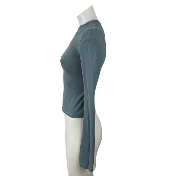 Skims Blue Long Sleeve Slim Mock Neck Knit Stretch T Shirt Tee Top Size XS - Image 3