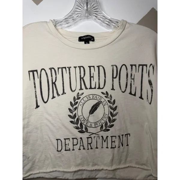 Originality Tortured Poets‎ Department Crop Tee Small Cream Graphic Taylor Swift - Image 3