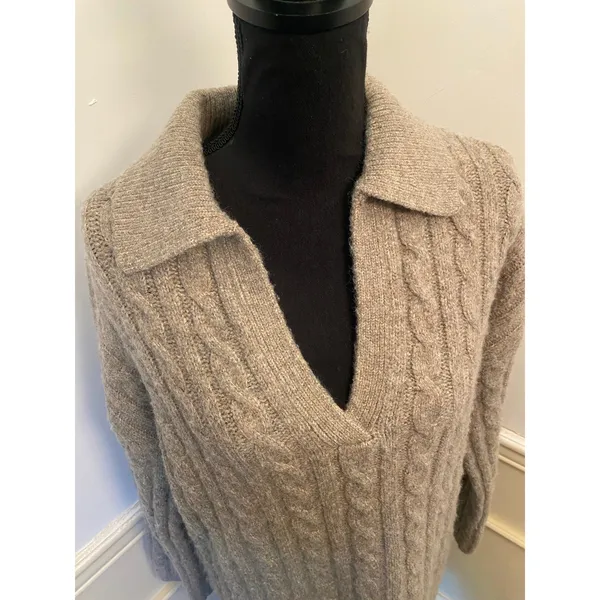 Magaschoni Cable Knit Polo Fold Over Collar Sweater Dress V Neck Quiet Luxury - Image 2