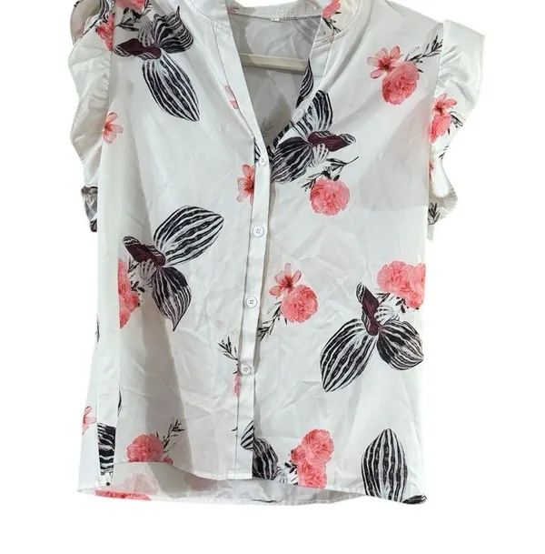 Pink Cap Sleeve Blouse with Ruffled Notched Collar Size L - Image 2