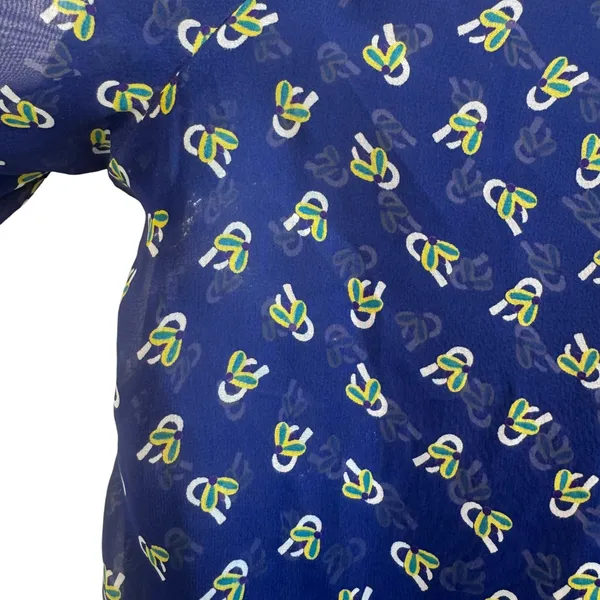 DLEIONE Sheer Bow Print Blouse‎ Blue Tie Neck Long Sleeve L Made in USA - Image 8