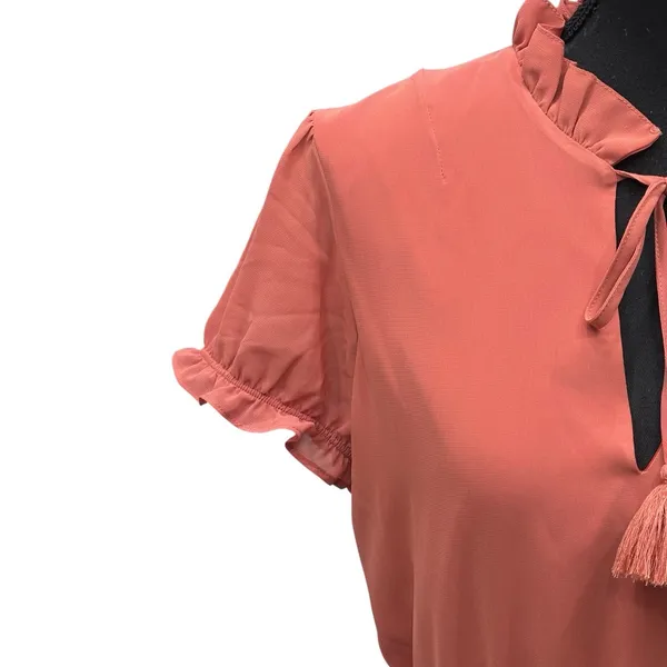 Tularosa Womens Size Small Colleen‎ Mini Dress Ruffled Coral Chiffon Tassel Neck - Image 3