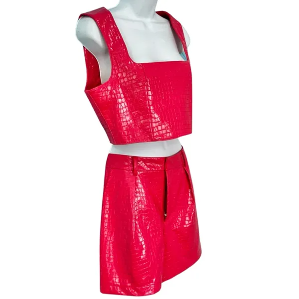 7 For All Mankind Hot Pink Vegan Leather Crocodile Crop Top Shorts Set M NEW Tag - Image 12