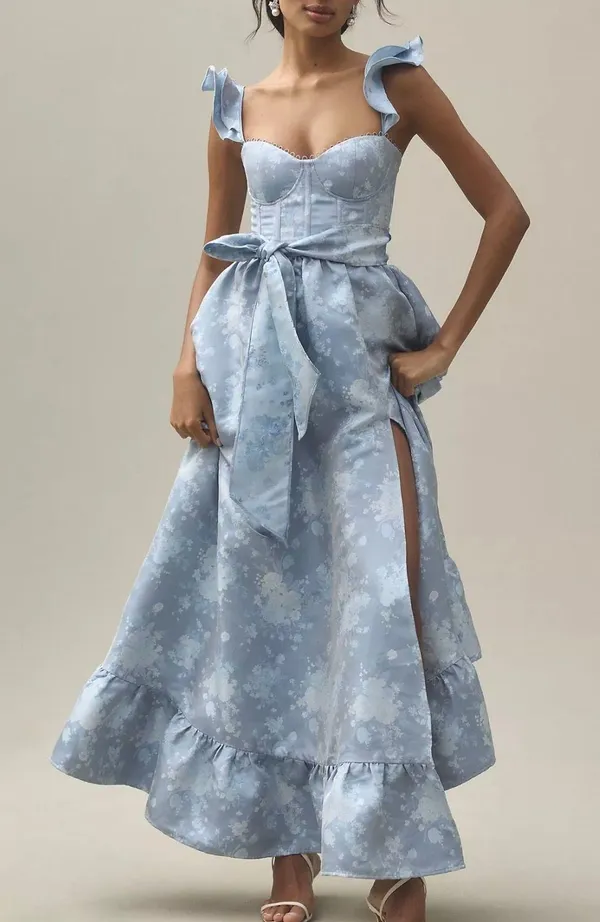 V. Chapman Veronica Corset Ruffle Side-Slit Dress - Image 3