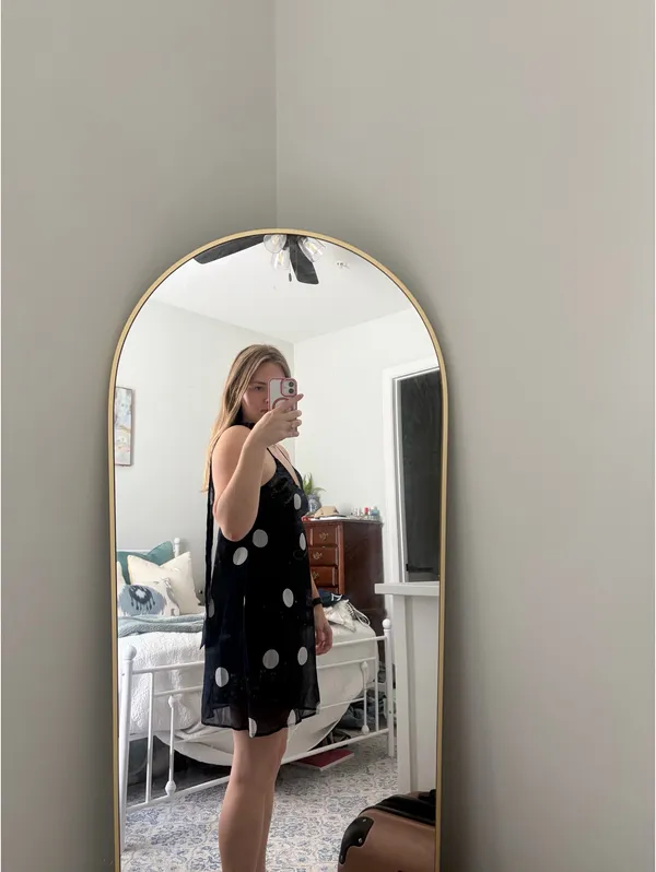 Navy and White Polka Dot Dress with Tie - Image 2
