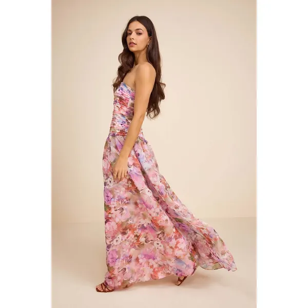 Lulus Kasandra Pink Multi Floral Organza Drop Waist Maxi Dress Formal Small NWT - Image 5