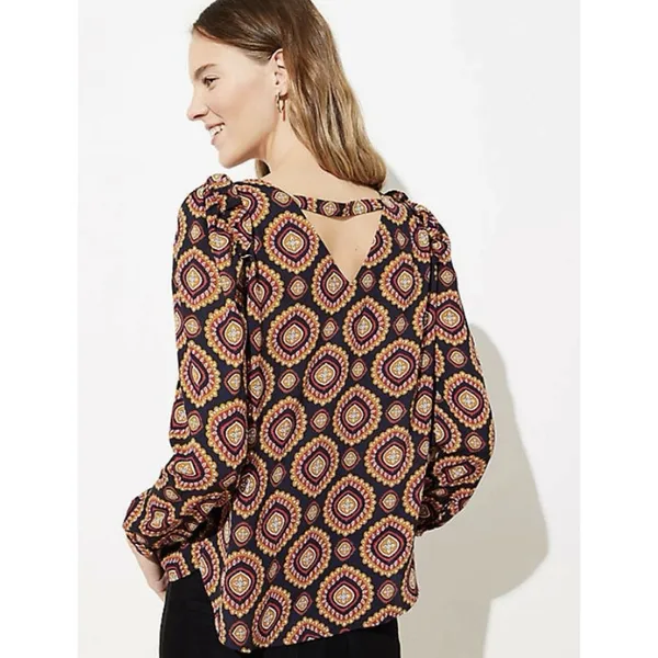 Ann Taylor LOFT Medallion Ruffle Shoulder Bar Back Blouse Long Sleeve Top Large - Image 2