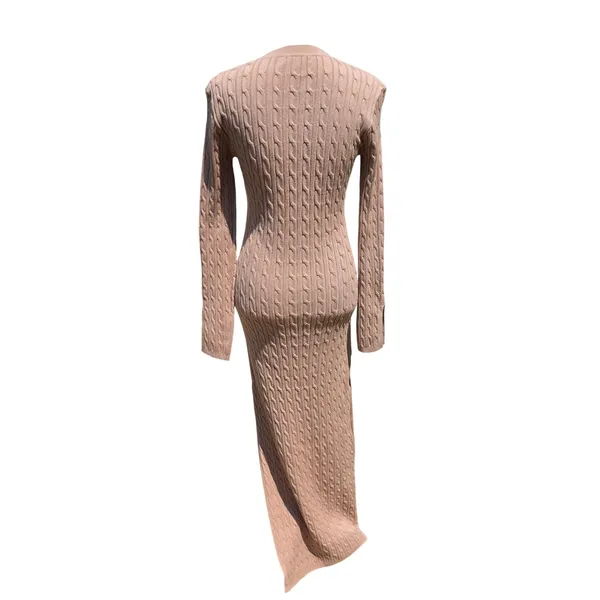 4th & Reckless NWOT 49Y Mocha Tan Cable Knit‎ Maxi Dress Long Sleeve Side Slit M - Image 4