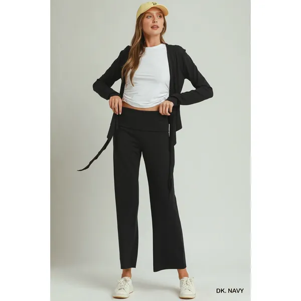 Umgee Cotton Viscose Folded Waistband Straight Leg Pants - Dk. Navy - M - Image 4