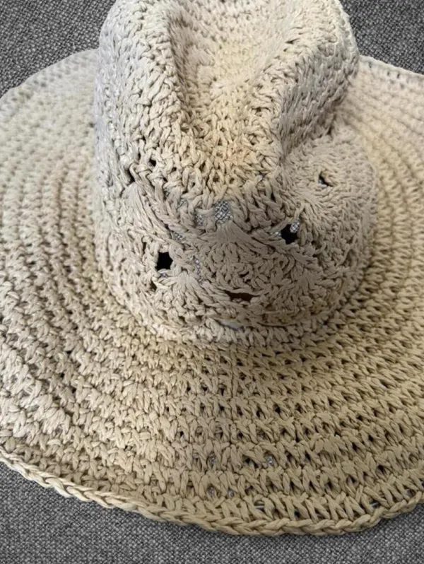 Women’s Beige Crochet Paper Straw Wide Brim Sun Hat - Image 6