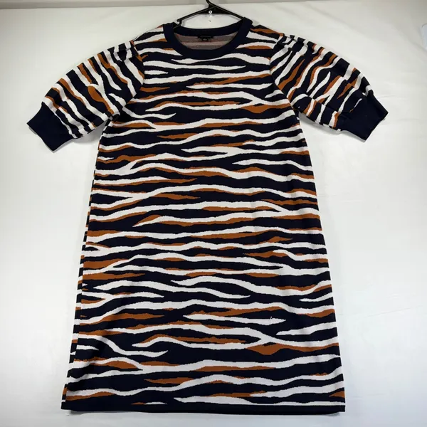 Ann Taylor Navy Cognac Zebra Print Short Sleeve Sweater Dress Large Avante Garde - Image 3