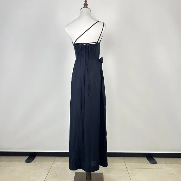 NWOT Farm Rio Linen Blend Black One Shoulder Bow Smocked Wrap Maxi Dress Sz M - Image 8