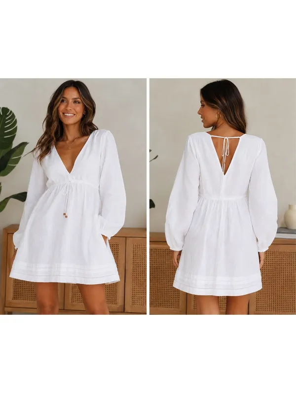 Zara NWT $59 Bright White 52% Linen Blend Womans M Vneck Tunic Mini Dress Size M - Image 2