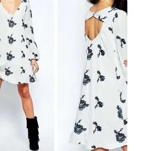 Free People Dress Women XS White Embroidered Rayon Boho Mini Back Cutout - Image 2