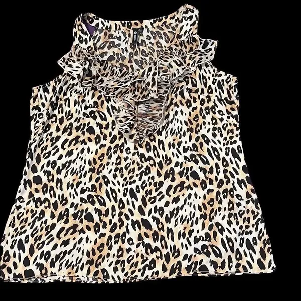 Milano size large leopard print sleeveless blouse with ruffles EUC Tan - Image 2