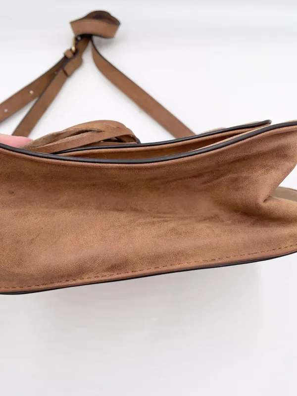 Franco Sarto Tan Faux Suede Leather Crossbody Saddle Bag Purse Fringe Boho - Image 9