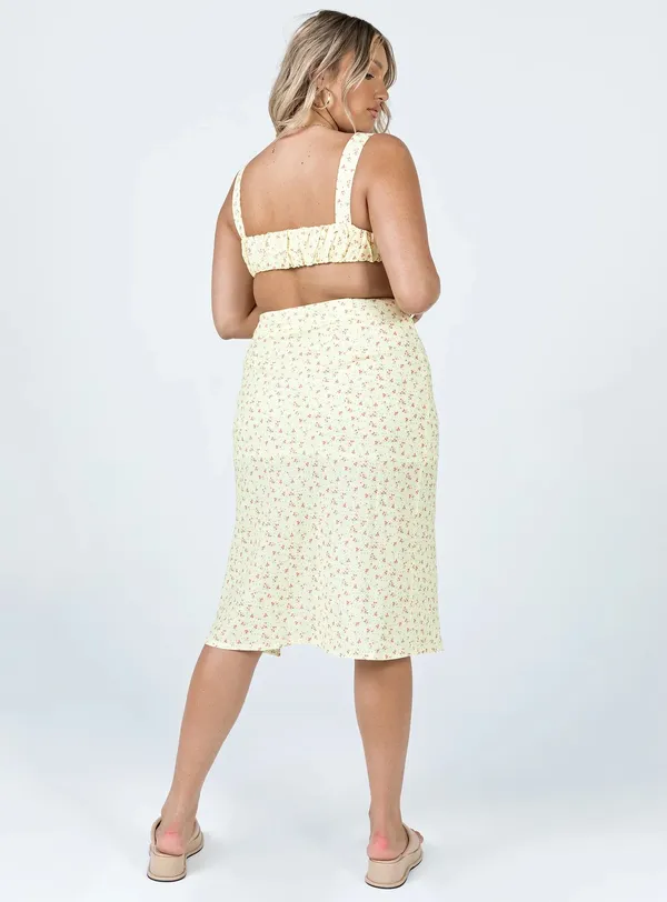 PRINCESS POLLY Lily Yellow Floral Midi Skirt w/ Slit - Image 5