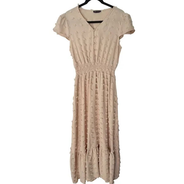 PrettyGarden Women Beige Swiss Dot Smocked Waist V-Neck Ruffle Midi Dress Medium - Image 2