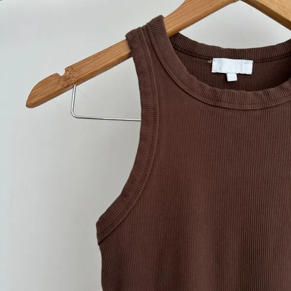 Meshki Tina Dress Small Brown Ribbed Knit Jersey Mini Bodycon Racerback‎ Minimal - Image 3