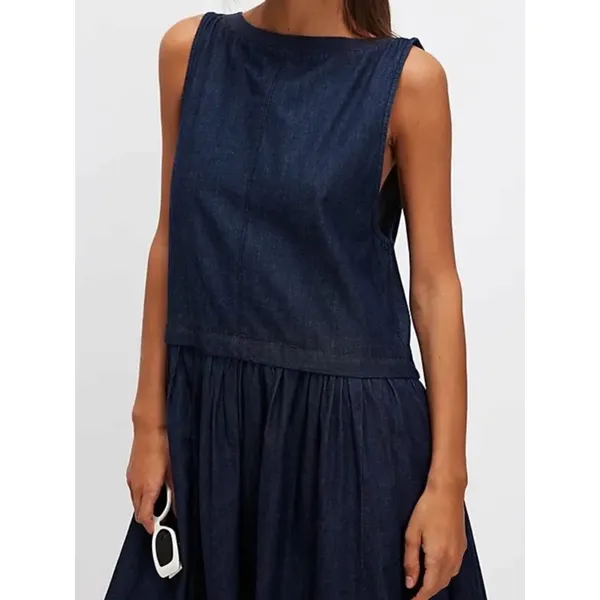 Free People Retro 90s Soraya Dark Denim Drop Waist Midi Jumper Dress Size Large - Image 3