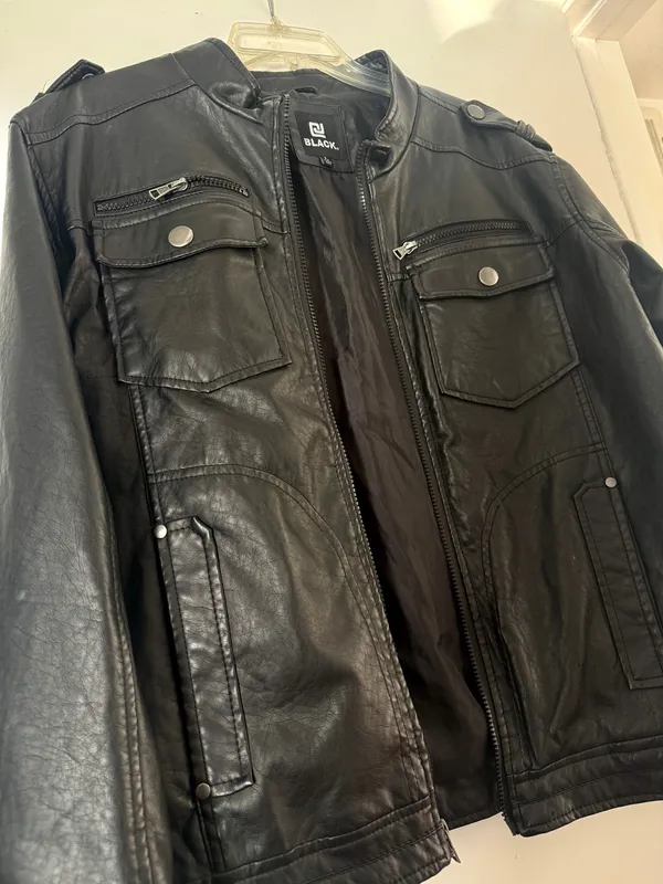 Buckle Black Black Faux Men’s Leather Moto Jacket - Image 3