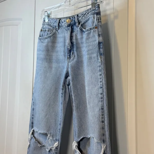 Garage High Waisted Wide Leg Distressed Denim Jeans Light Wash‎ Blue Size 25" - Image 4