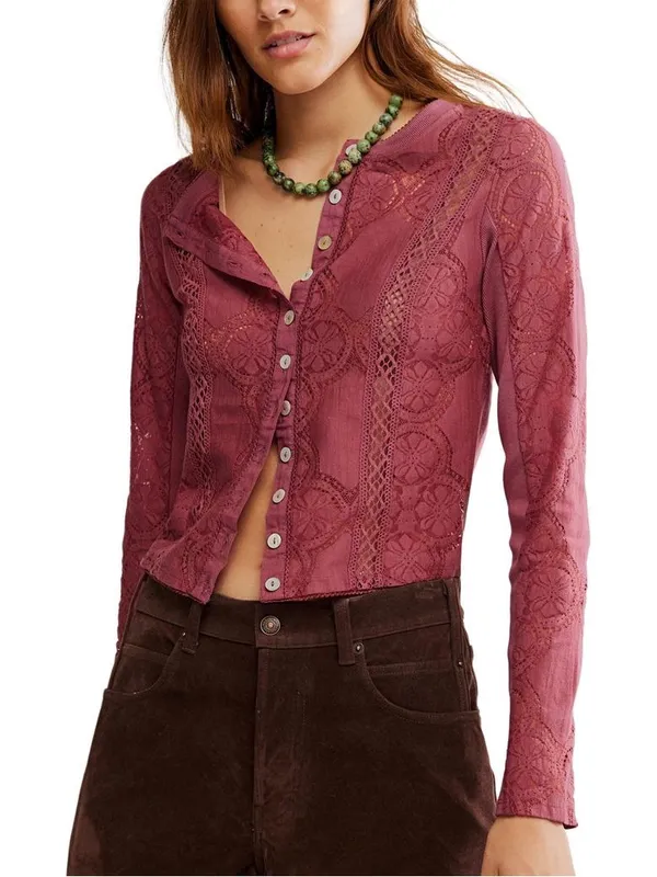 FREE PEOPLE Jae Knit Sheer Lace Long Sleeve Top Cardigan Cropped Y2K Boho XS - Image 13