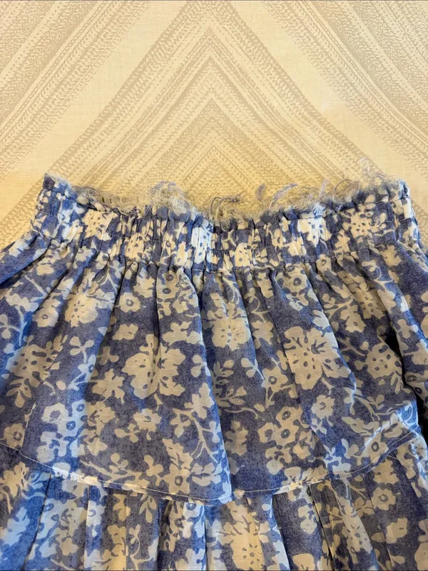 LoveShackFancy Blue White Floral Tiered Ruffle Mini Skirt Small - Image 2