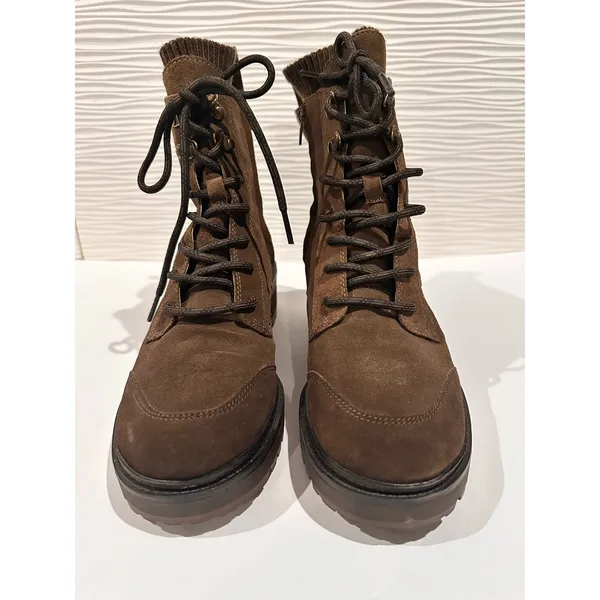 Zodiac Combat Boots Womens 10 Brown Excellent Suede Knit Collar Lug Sole Lace Up - Image 2