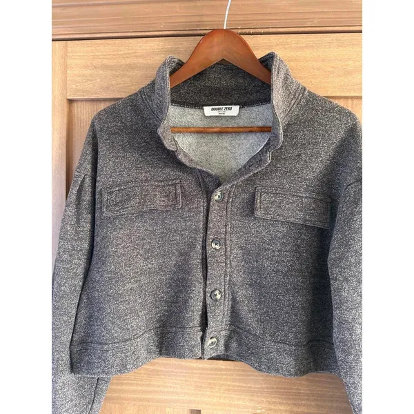 Double Zero Cropped Button Up Long Sleeve Shacket Sweater Heathered Brown Large - Image 4