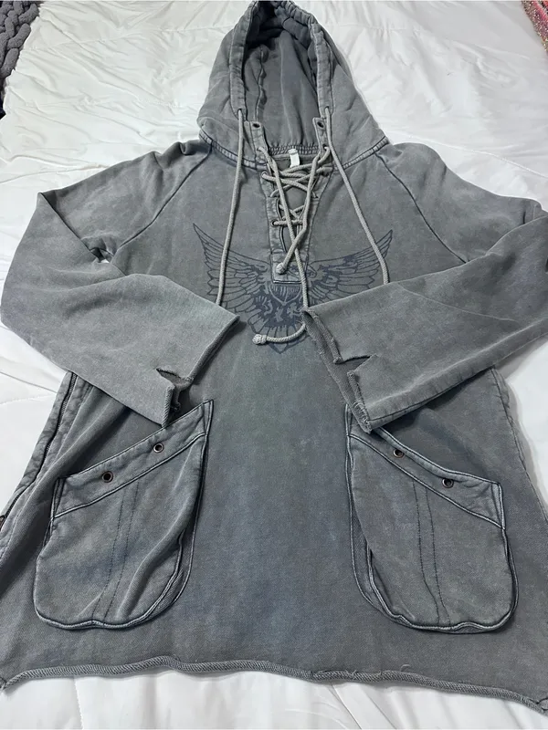 We The Free Women's Gray Lace-Up Hooded Pullover Hoodie - Size L - Image 4