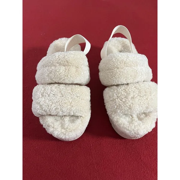 UGG Oh Fluffita Cream/Beige Fur Platform Slides Sandals Womens 10 - Image 2