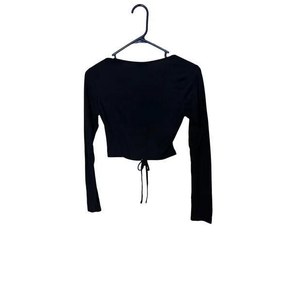 Princess Polly Black Ribbed Tie Front Long Sleeve Cut Out Crop Top Womens US 4 - Image 4