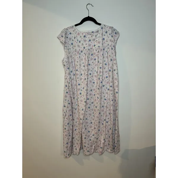 Aria cap-sleeve cotton nightgown pink & blue ditsy floral print lace trim 1X - Image 4