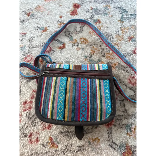 Southwestern‎ Woven Textile Crossbody Saddle Bag Brown Leather Trim Multicolor - Image 2