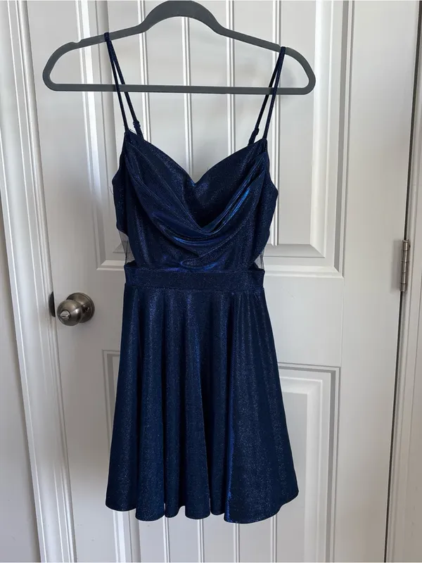 Windsor Shimmery Navy Blue Spaghetti Strap Cutout Mini Dress - Image 2