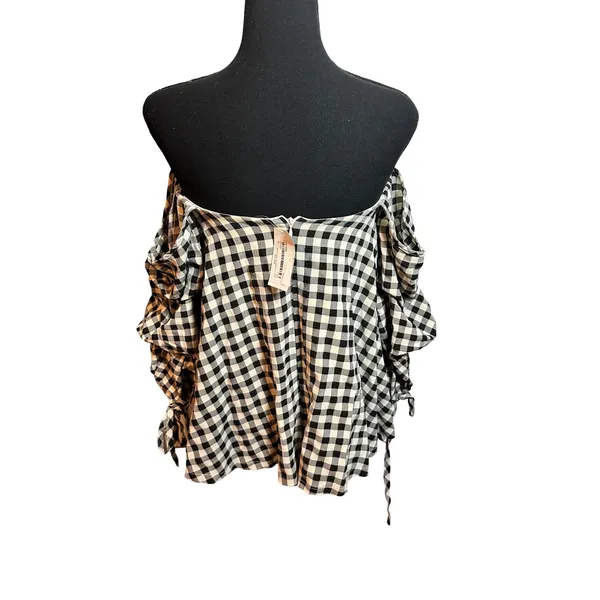 Miou Muse Mimi Gingham Off Shoulder Top Black White‎ Ruched Sleeve MMT448 Small - Image 7