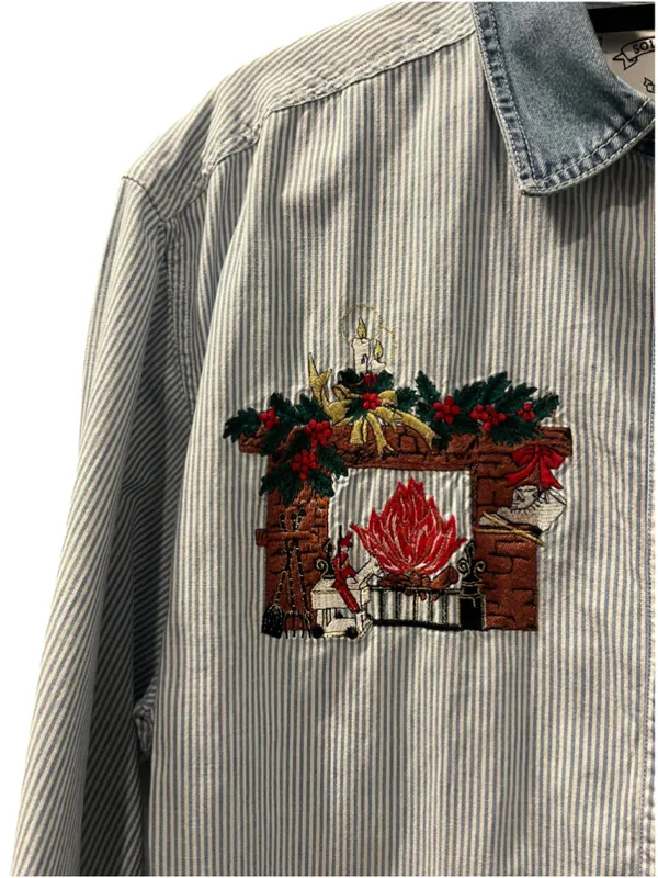 Vintage 90s Christmas Embroidered Button Up Shirt Striped Denim Collar Large - Image 6