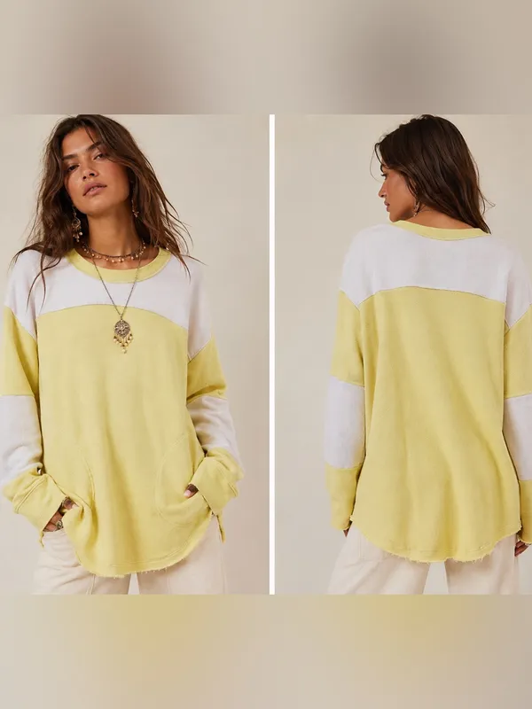Free People Jordan Colorblock‎ Citron Yellow Cream Long Sleeve Pockets Sweater - Image 2