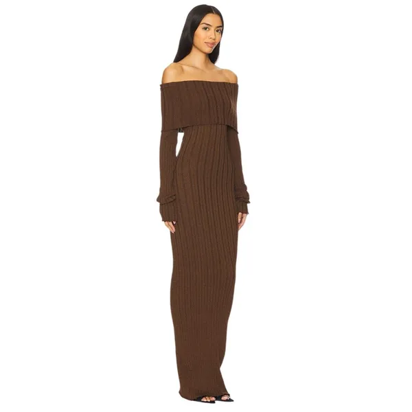 SNDYS Baha Off The Shoulder Maxi Dress in Cocoa Medium New Womens Long Gown - Image 3