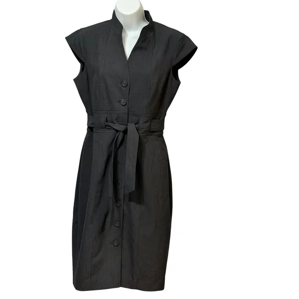Calvin Klein Womens Charcoal Grey Button Front Belted Cap Sleeve Shirt Dress 4 - Image 3