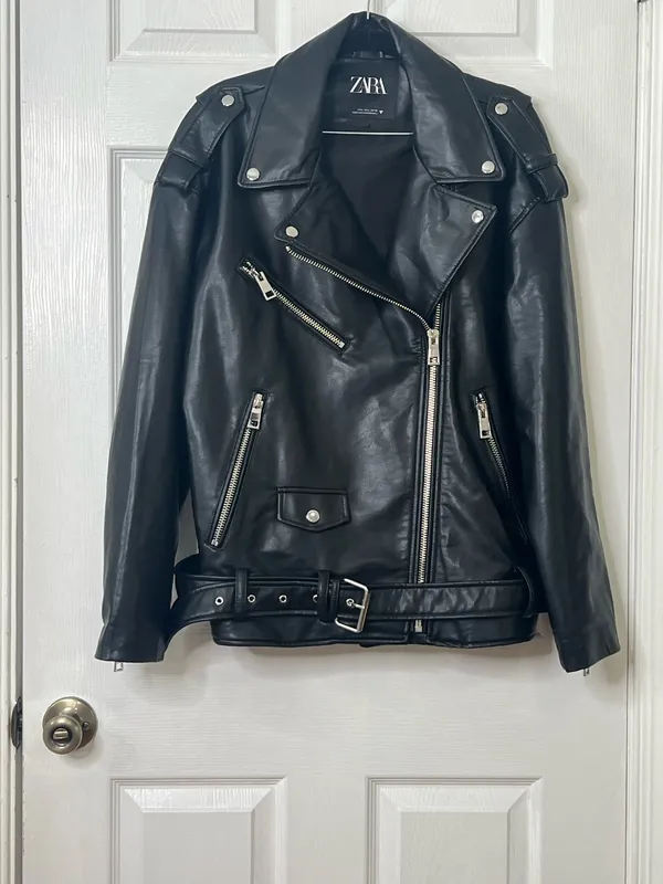 Zara Faux Leather Moto Jacket Biker Grunge Streetwear Belted Black Size L - Image 2