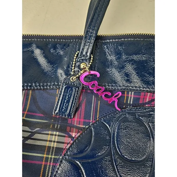 COACH poppy tartan signature tote bag blue/purple F-20109 - Image 10
