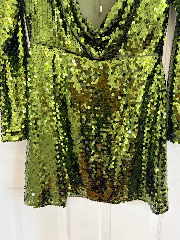 Anthropologie Green Sequin Mini Dress US 4 Party Cocktail Glam Open Back Long Sleeve - Image 10