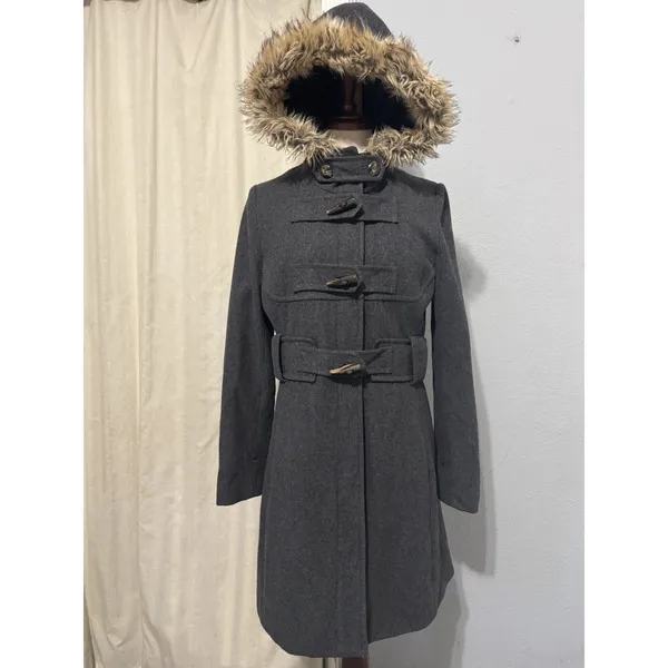 Anthropologie Elevenses Deep Woods Toggle Coat Wool Blend Faux Fur Gray size 10‎ - Image 3