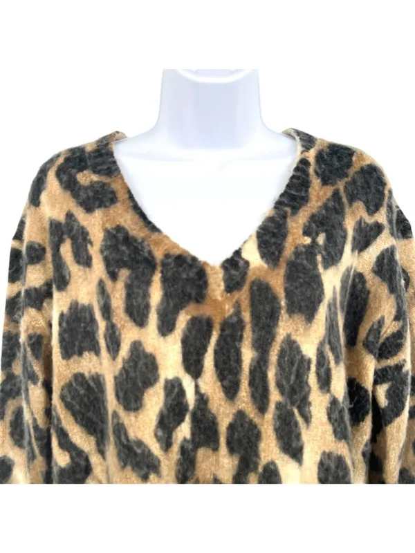 Young Fabulous & Broke Fuzzy Leopard Print V-Neck Sweater Size S/M Indie Casual - Image 2